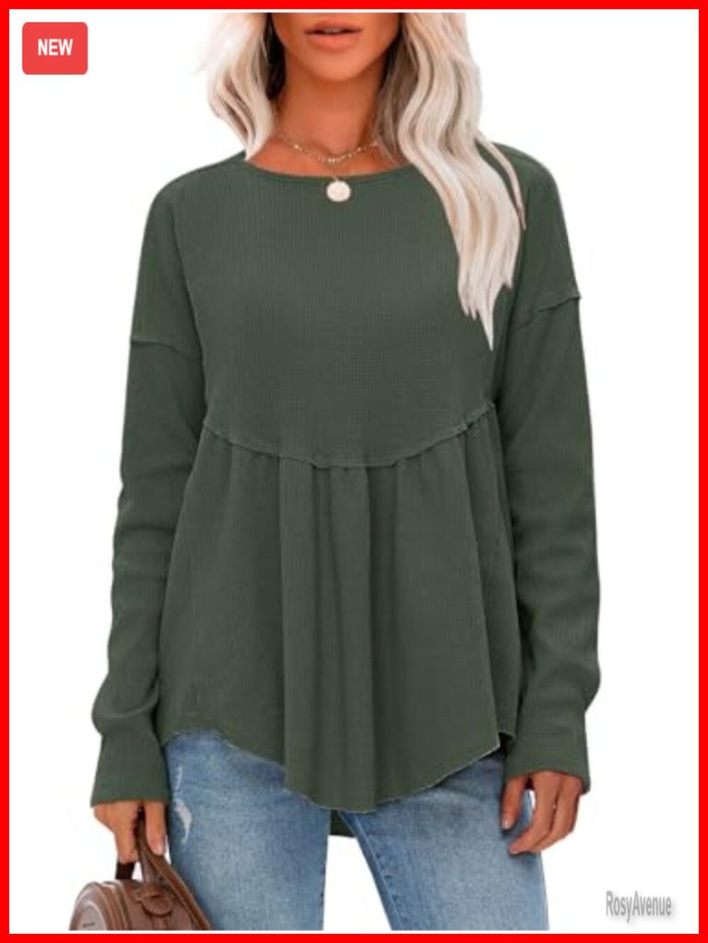 Waffle Knit Long Sleeve Tunic Top Crewneck Loose Babydoll Maternity